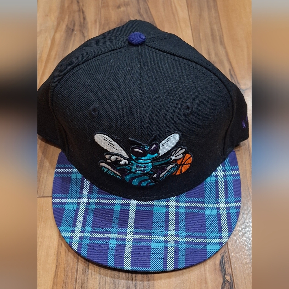Hornets Black SNAPBACK Blue Plaid Brim and Embroidered Hornet Adult